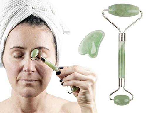 Gua Sha Ensemble de rouleaux de massage et de massage pour le visage, le cou et le corps - Pierre de jade naturelle authentique