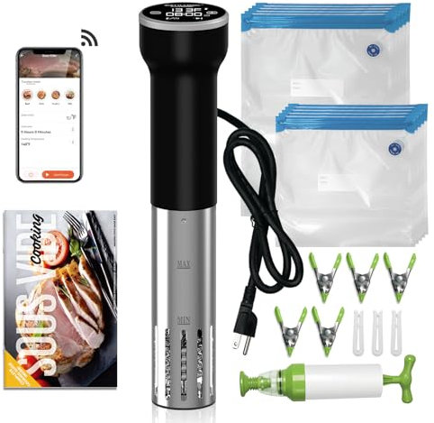 Sous Vide Machine Wi-Fi, Immersion Circulator Precise Cooker, Sous Vide Kit with 30 Vacuum Seal Bags, Vacuum Pump, Cookbook, Accurate Temperature & Timer, 1000W, IPX7 Waterproof, Cattleman Cuisine