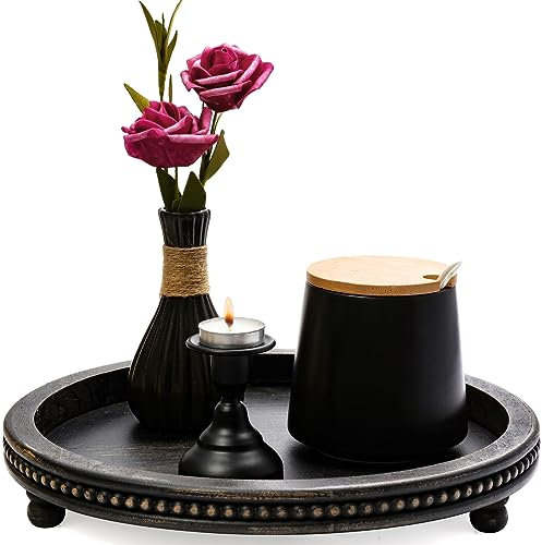 Bandeja de Madera, decoración de Mesa de café con Cuentas pequeñas, Bandeja Decorativa Redonda negra para Mesa de café, Mesa de Comedor, Entrada y Mesa de Sala de Estar