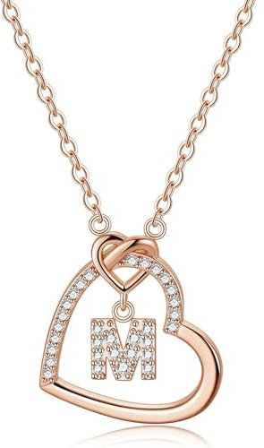 LIHELEI Damen Halskette Herz Buchstabe S925 Roségold Kette Damen Personalisiere Kette, Geburtstags und Weihnachten Geschenk Für Frauen Mädchen Mama Freundin - M(Roségold)