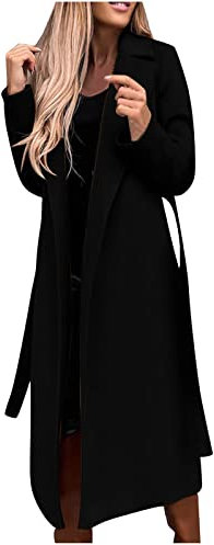 Lange Trenchcoat Damen Elegant Einfarbig Wollmantel Langarm Revers Winterjacke Schlanke Jacke Windbreaker mit Gürtel Herbst Winter Übergangsjacke Schlitz Wintermantel Warme Wolljacke Mantel Windjacke