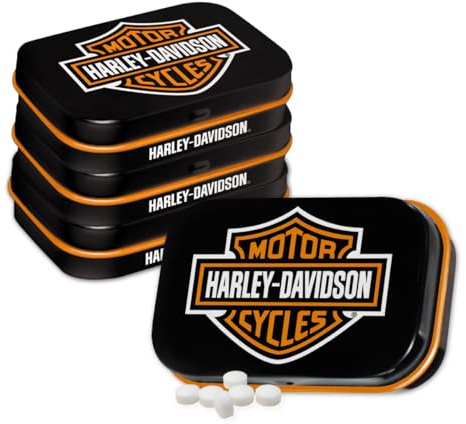 Nostalgic-Art Retro Pillendose, 4 x 6 x 1,6 cm, Harley-Davidson – Logo (4er-Set) – Geschenk-Idee für Biker, Original Lizenzprodukt (OLP), mit Pfefferminz-Dragees, Vintage Design