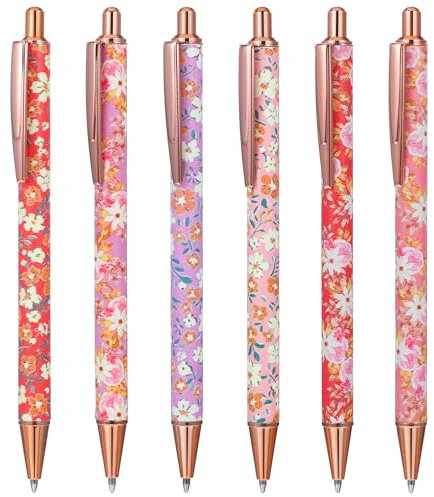 Mabor 6 Stück Schöne Stifte,Elegante Kugelschreiber Aesthetic Blumen Stifte Aesthetic Einziehbarer Schwarzer Tinte Kugelschreiber Glatte Schreibstifte für Studenten Geschenk Büro