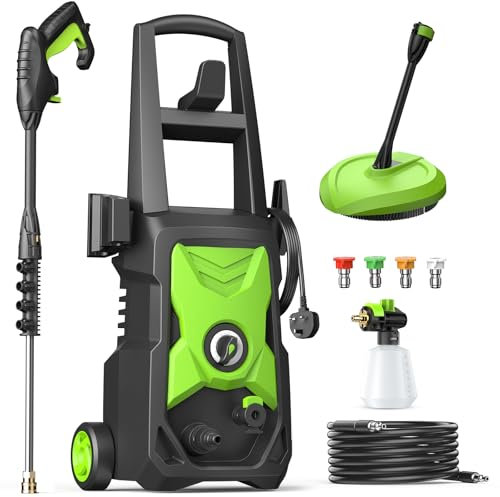 Pressure Washers, Power Jet Washers with 4 Nozzles, 135Bar Pressure, 420L/H Flow Rate, 8M High-Pressure Hose, 11M Power Cable, Power Washers for Patio and Car, Garden, Fences, Yard, Driveways