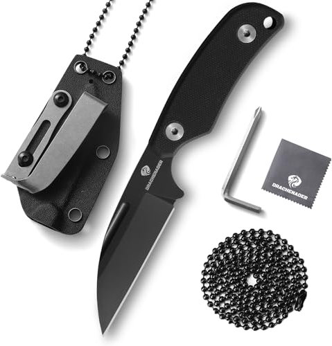 DRACHENADER Neck Knife Messer, EDC Feststehendes Messer,inklusive Kydex Scheide und Kugel Halskette zum umhängen, Full Tang-Klinge mit Gürtel-Clip, G10 Griff, Voll-Schwarz