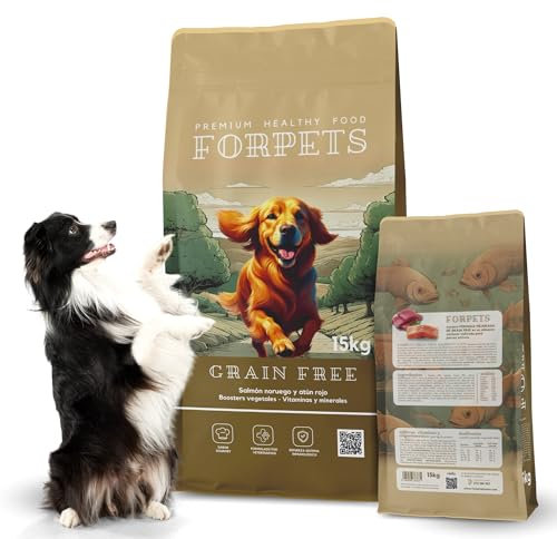 FORPETS Pienso para Perros 15KG, Pienso Hipoalergénico sin Cereales de Salmón y Atún, Comida para Perros Natural y Saludable, Ideal para Piel Sensible (15 KG, Salmón Noruego)