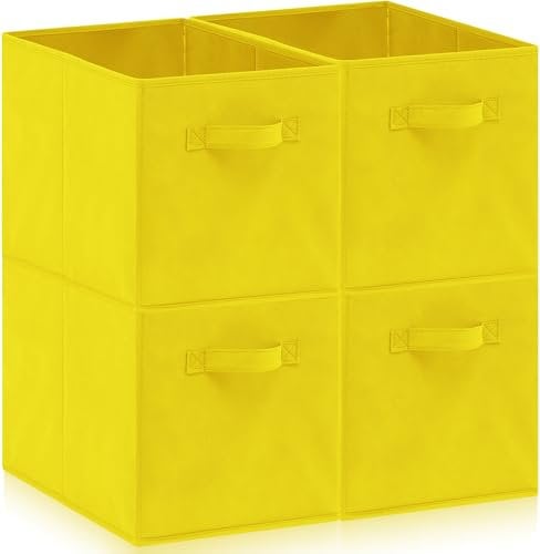 Amazing Tour 4 PCS Cube Storage Boxes 33x38x33 Foldable Fabric with Handles Collapsible for Home Office Nursery Organiser - Clothes Basket Containers, Yellow