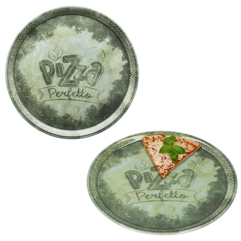 MamboCat 2er Set Perfetto Pizzateller Ø 31,5 cm I Grün I für 2 Personen I rustikale Porzellan-Teller für Pizza, Flammkuchen & mehr I große Speiseteller mit Dekor & Schrift, Servierplatte