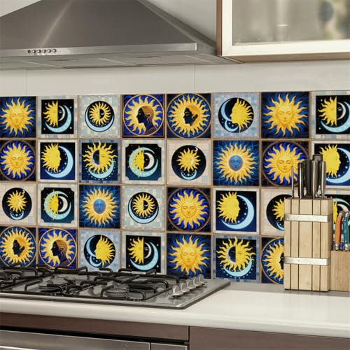 Piastrelle Adesive Bagno Sole Giallo Mattonelle Adesive Cucina,Decorazione Murale in Pvc Impermeabile,Per Armadietto, Mobili,Può Essere Riutilizzato