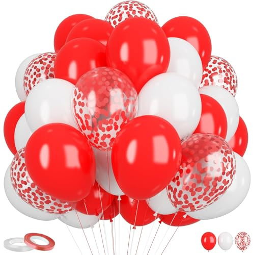 Gleemix 60 Stück Konfetti Luftballons Rot Weiß, Rote Luftballons Geburtstagsdeko, Konfetti Helium Ballons Rot, Gender Reveal Party Deko, Für Silvester Valentinstag Verlobung Hochzeits Casino Karneval