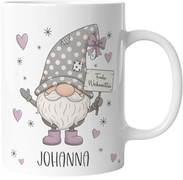 Moderne Weihnachtstasse personalisiert mit Namen | Tasse zu Weihnachten Keramik Kaffeetasse Weihnachtsmotiv Nikolaus Geschenk für Kinder Wichtel rosa | mug-xmasZ-17