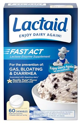 Lactaid Fast Act Lactose Intolerance Relief Chewables with Natural Lactase Enzyme to Prevent Gas, Bloating & Diarrhea Due to Lactose Sensitivity, On-the-Go, Vanilla Twist Flavor, 60 x 1 ct