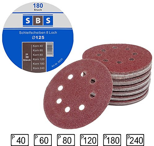 180 Stück SBS Klett-Schleifscheiben Ø 125 mm Körnung je 30 x 40/60/80/120/180/240 für Exzenter-Schleifer 8 Loch