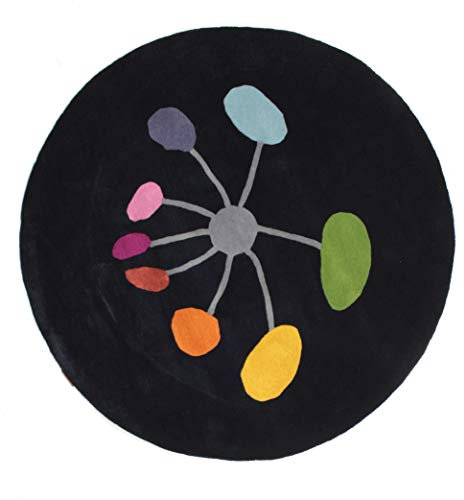 RugVista, Flower In The Wind Handtufted, Teppich, Mittelflor, ∅ 200 cm, Rund, Modern, Wolle, Flur, Schlafzimmer, Küche, Wohnzimmer, Blau/Türkis, Dunkelblau