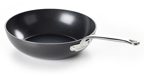 GreenPan Barcelona Poêle Wok Antiadhésive en Céramique Saine Anodisée Dure 28 cm, Sans PFAS, Poignée en Acier Inox, Résistant aux Rayures, Induction, Va au Four, Va au Lave-Vaisselle, Noir