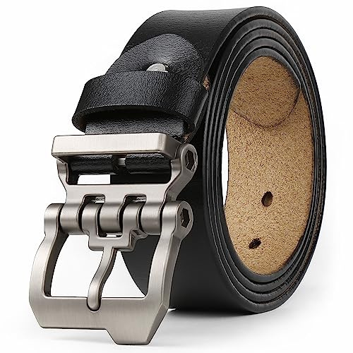 JingHao Belts for Men,Casual Mens Belt Leather for Jeans,Cowboy,Black Genuine Leather Belt,Plus Size 28-64 Width 1.45 Brown(L 34-36 Length 115cm, Black)