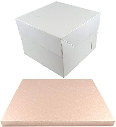 Square Coloured Drum Cake Board and White Transporting Box (Rose Gold, 8 Inch)