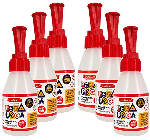PEGAMENTO LÍQUIDO TRANSPARENTE STARPLAST - Pegamentos para papel, cartón, cuero, tela y madera. Ideal para manualidades, artesanía o hacer maquetas - 100ml Pack 6
