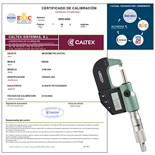Micrómetro de exteriores INSIZE 3108-25A - Micrómetro de exteriores Calibrado ENAC - Incluye Certificado de Calibración Acreditado