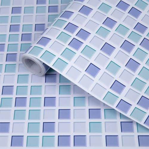 Hode Self Adhesive Wallpaper Mosaic Blue 40X300cm, Sticky Back Plastic Roll, Self Adhesive Vinyl Wrap Wall Tiles Stickers for Kitchen Bathroom Backsplash Countertop Waterproof