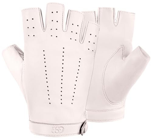 GSG SINCE 1998 Lederhandschuhe Damen Halbfinger – Fingerlose Fahrhandschuhe aus Schafsleder, atmungsaktiv und leicht, mit Druckknopf Weiß M