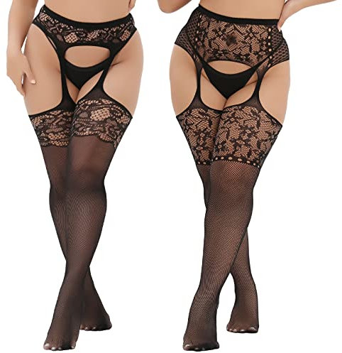 MANZI Lot de 2 paires de bas porte-jarretelles sexy en résille pour femme, Assortiment de 2, XL-3XL grande taille