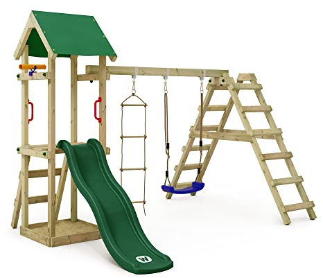 WICKEY Spielturm Klettergerüst TinyLoft mit Schaukel & grüner Rutsche, Outdoor Kinder Kletterturm mit Sandkasten, Leiter & Spiel-Zubehör für den Garten
