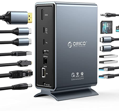 ORICO Thunderbolt 3 Docking Station, 15-in-1 40Gbps USB C Docking Station with Single 8K @ 30hz, Dual 4K@60Hz, PD60W Charging, USB3.1&3.0,Ethernet, Audio, LAN, Compatible with Mac & Windows Gray