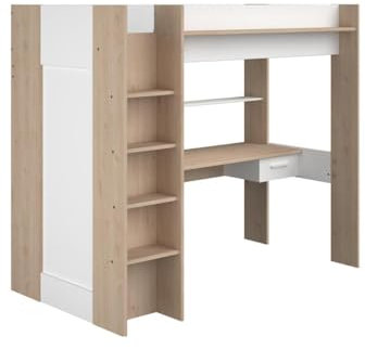 Vente-unique-Hochbett mit Schreibtisch & Kleiderschrank - 90 x 200 cm - Weiß & Naturfarben - Auckland