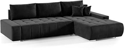FEDVE Ecksofa mit Schlaffunktion Schwarz - Dhaka – Praktisches Schlafsofa mit Bettkasten Rechts – Gemütlich Rückenkissen Sofa mit Bettfunktion – Sofa L Form zum Salon für Viele Jahr