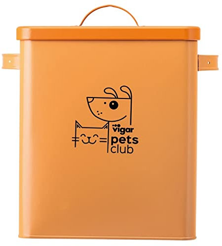 VIGAR - Contenedor para Pienso - Colección Pets Club - 32 x 22 x 33 cm - 12 l - Grande - Cubo Hierro Galvanizado y Silicona - Tapa Hermética - Naranja
