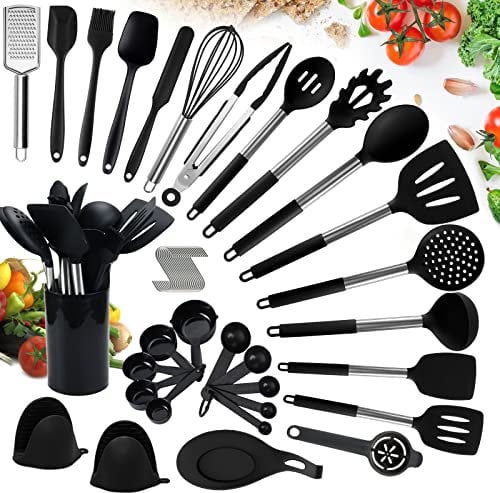TAVADA 49 Piezas Utensilios de Cocina de Silicona Resistentes Al Calor, Juego de Espátulas y Accesorios, Negro