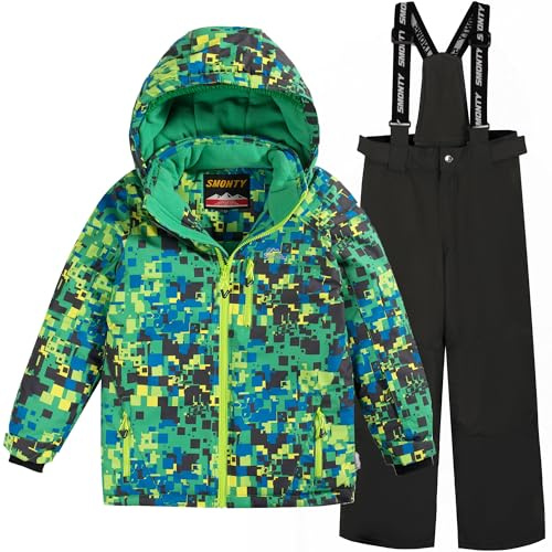 SMONTY Kinder Schneeanzug für Jungen, Winter-Skijacke & Hose, Set Kapuzenriemen, Winddicht, Wasserdicht, Warmer(Buntes Grün, 10-12)