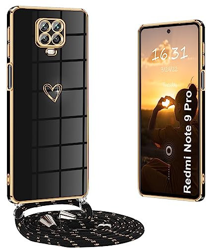 Yutwo Funda para Redmi Note 9 Pro con Cuerda, Fundas para Redmi Note 9S con Colgante Patrón de Corazón Carcasa Silicona Antigolpes Funda para Xiaomi Redmi Note 9 Pro/Note 9S, Negro