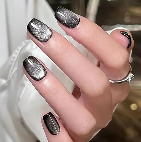 Brishow Künstliche Nägel, Cat Eye, French Nägel zum Aufkleben, Glitzer Press on Nails, kurze künstliche Nägel, 24 Stück für Frauen und Mädchen