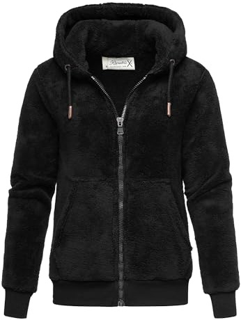 REPUBLIX Damen Teddy Sweatjacke Plüsch Hoodie Pullover Zipper Jacke RD-015 Schwarz S