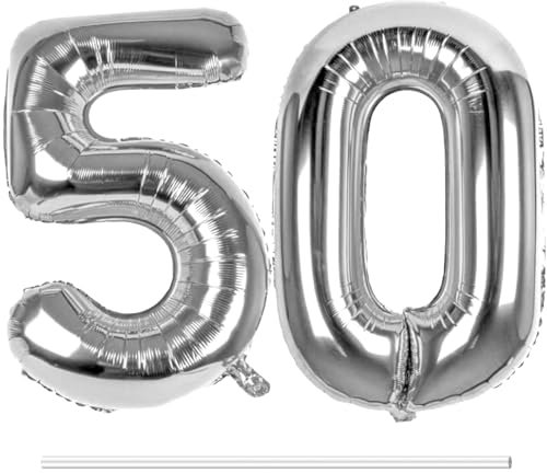 LAPONO Luftballons Geburtstag Zahl 50 Silber, XXL Folienballon Zahlen 5 und 0 Riesen Helium Ballons 50 Jahre Geburtstagsdeko für Junge, Mädchen 50. Kindergeburtstag Jubiläum Party Deko