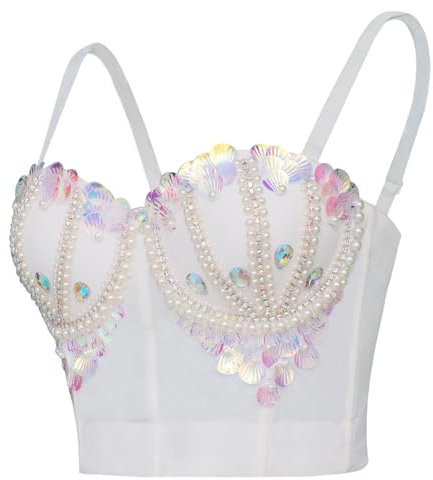 ROYAL SMEELA Damen Korsett Bustier BH Pailletten Korsett Top kurz Top Perlen Korsett Strass Bustier Crop Top Clubwear Party BH Korsett Für Frauen Fransen Korsett Oberteil Damen Sexy Korsett Bh