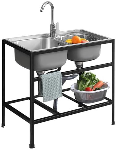 Fregadero Cocina de Acero Inoxidable,Móvil portatil Fregadero Exterior 2 Seno,Fregadero de utilidad,Fregadero Camping Jardin Con Grifo De Agua Fría y Caliente (75x40x75cm)
