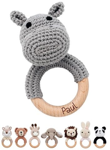 Bärenfreunde® - Personalisierter Beißring Baby - Niedlicher Greifling für Baby's ab 0 Monate - Babyrassel mit Name als Baby Geschenk für Mädchen und Jungen (Nilpferd,mit Name)