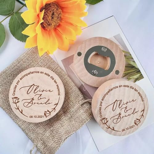 Abridor de botellas personalizado para recuerdos de boda, grabado personalizado, imán de madera para nevera, abrebotellas redondo para invitados de boda, compromisos, cumpleaños, bautizos de bebé (80