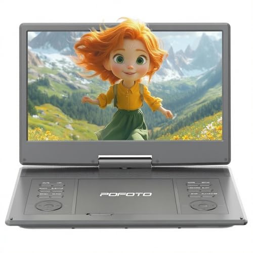 POFOTO Lecteur DVD Portable 15,7 avec Écran Pvotant HD 14,1, 6h Autonomie, Compatible Multiformat Disques/SD/USB, Mémoire de Lecture, Sortie TV/Projecteur, Haut-parleurs Stéréo (Gris-Noir)