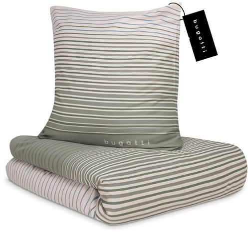 bugatti Bettwäsche 155x220 cm - 100% Baumwolle, Reißverschluss, anschmiegsam, weich & waschbar, Satinbettwäsche grün gestreift