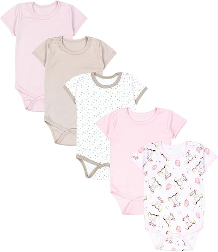 TupTam Baby Body Mädchen 5er Pack – Kurzarm Body Baby aus Baumwolle, Ideal für Sommer und Alltag, Farbe: Elefanten Rosa Beige Puderrosa Sterne Apricot, Größe: 104