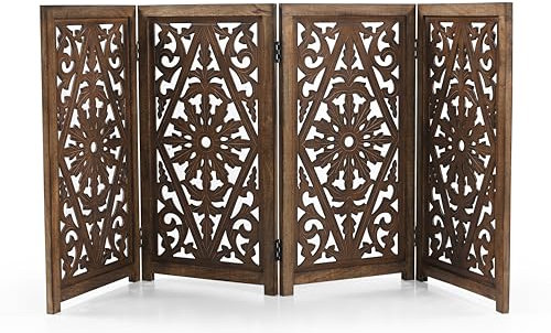 IAnanas Dekoratives Hundegitter Holz 180×84 cm – 4-teiliges, orientalisch geschnitztes Haustiergitter – verstellbar, ohne Bohren – stilvolles Absperrgitter für Hunde, Innenbereich