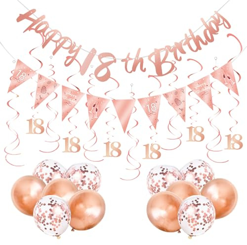 XFSRG Decorazione Compleanno Donna in Rosa Oro con Set Ghirlanda a Spirale e Stelle Filanti come Decorazione Elegante Incluso Stendardo per Addobbi Festivi e Feste (18° Compleanno)