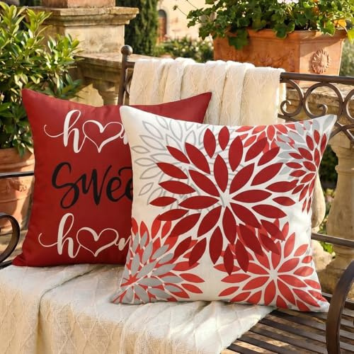 AwzyGous Kissenbezug Weihnachten Rot 40x40 Dahlien Blumen Kissenhülle Herbst Zierkissenbezug Sofakissen Zierkissen Dekokissen Pillow Case für Couch Wohnzimmer Schlafzimmer Außenbereich Deko 2er Set