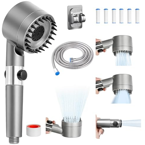 Soffione Doccia Alta Pressione con 6 Filtri, Doccino per Doccia, Tubo 2m, Telefoni doccia, Doccetta Risparmio Idrico, Filtri, Supporti e Soffioni doccia, 4 tipi di getto