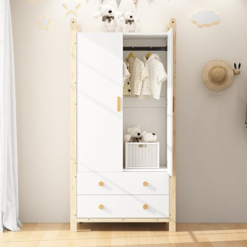 Merax 2-türiger Kleiderschrank mit Kleiderstange und Schubladen – Weißer Kleiderschrank aus Spanplatte mit Kieferrahmen, 90×45×180 cm, für Schlafzimmer, Kinderzimmer oder Flur