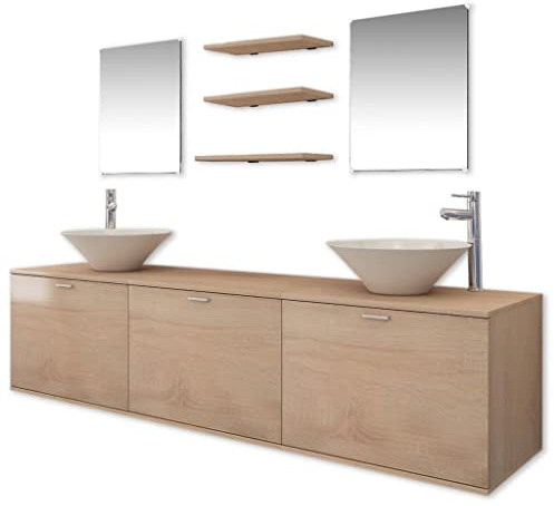 mtlskopl 10-TLG. Badmöbel-Set mit Doppelwaschtisch, Waschtischunterschrank Beige 180 cm, 2 Keramik Aufsatzwaschbecken, 2 Spiegeln und verchromten Mischbatterien für das Badezimmer